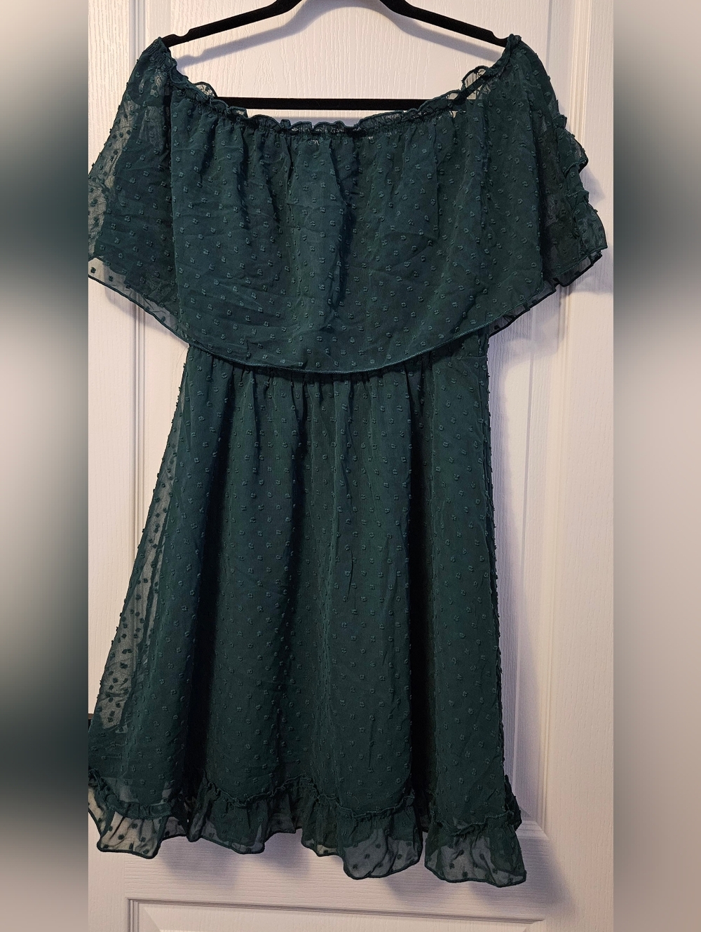 Off-Shoulder Dark Green Ruffle Mini Dress - Picture 2 of 4